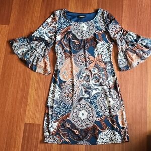 GLAMOUR Mini Dress Retro 3/4 Bell Sleeves, Paisley Teal Burnt Orange Like New 8